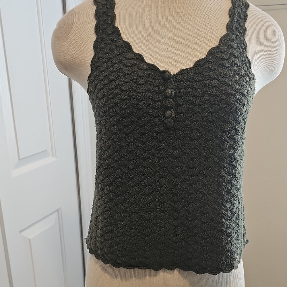 MZ Hand Knitted Crochet Tank Top Womens Size M Olive Green Ramie Cotton‎ Vintage